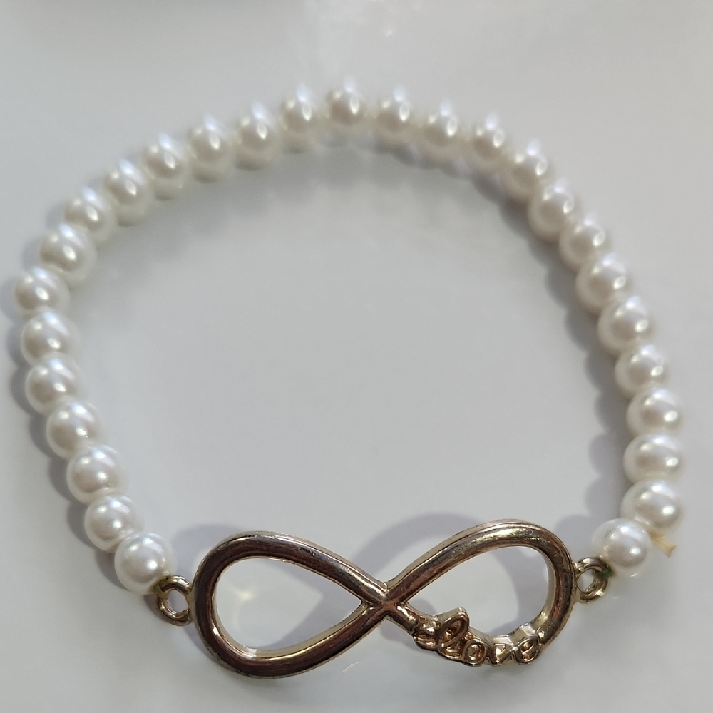Gold and White Pearl Infinity Bracelet